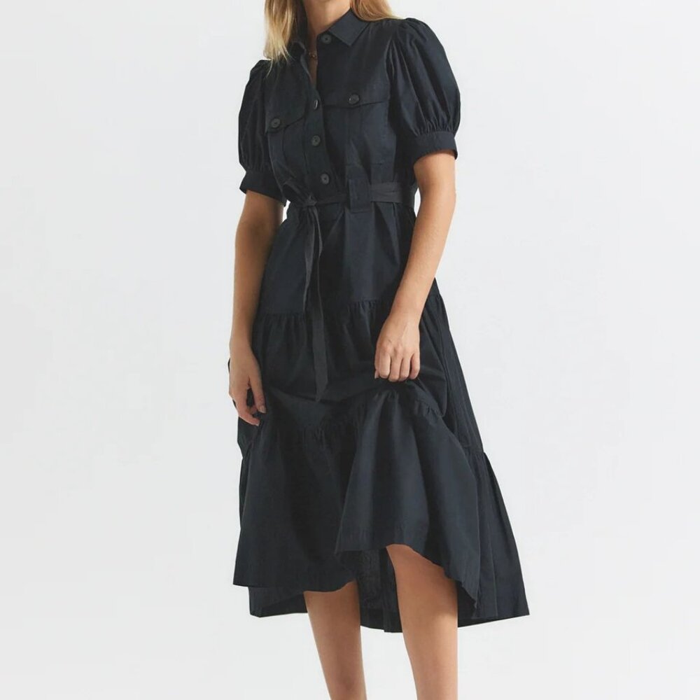 DEREK LAM 10 CROSBY | Buffy Black Short Sleeve Cotton Utility Midi Dress - Picture 3 of 7